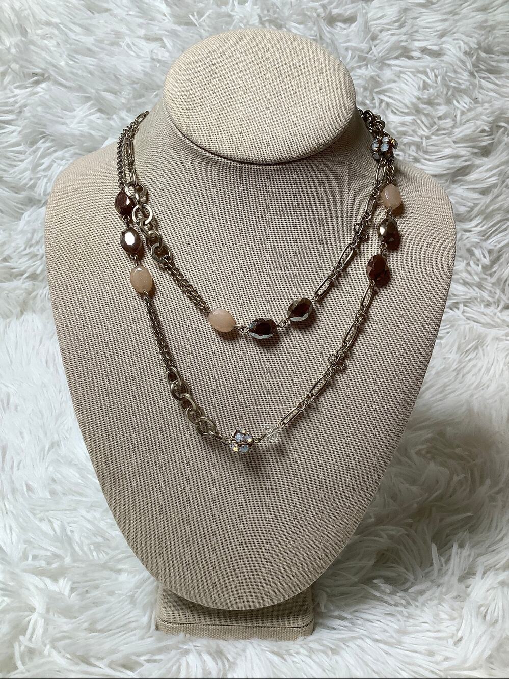 LOFT Silver-Tone Vintage Layered Mixed-Media Beaded Chain Necklace C32-8